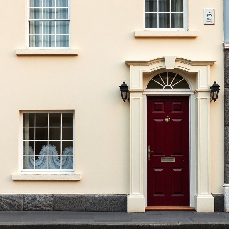Georgian-style cream and burgundy doorway on a Drogheda street in soft Atlantic morning light