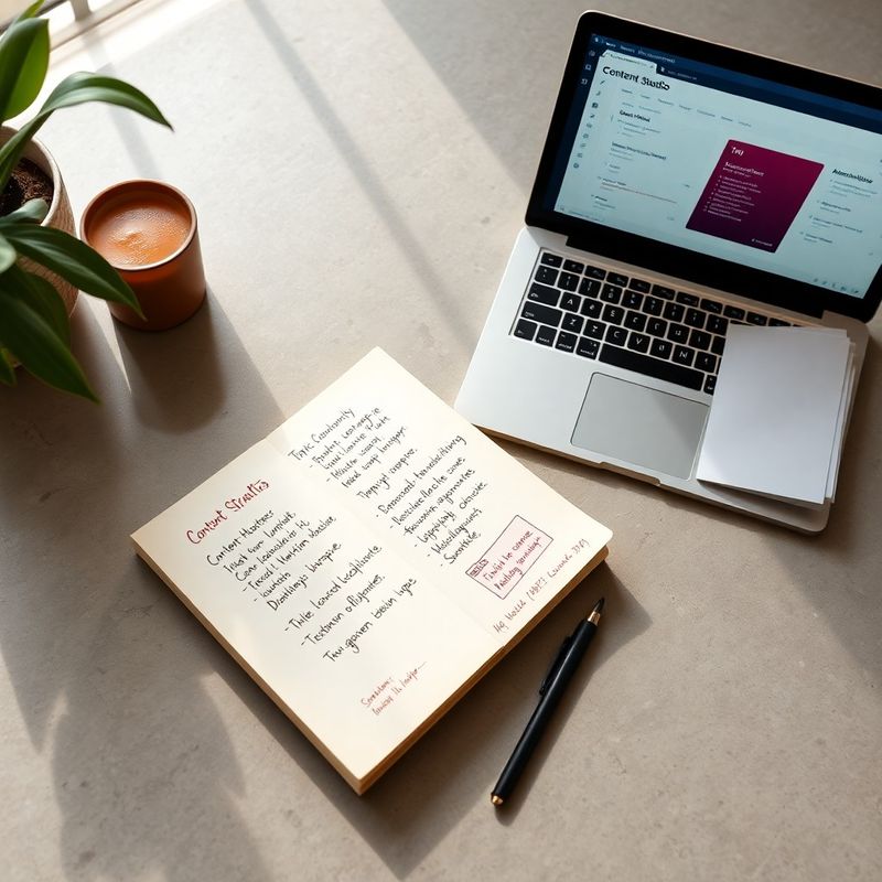 Flat-lay of a content strategy workspace with notepad, laptop dashboard, and printed topic cluster diagrams