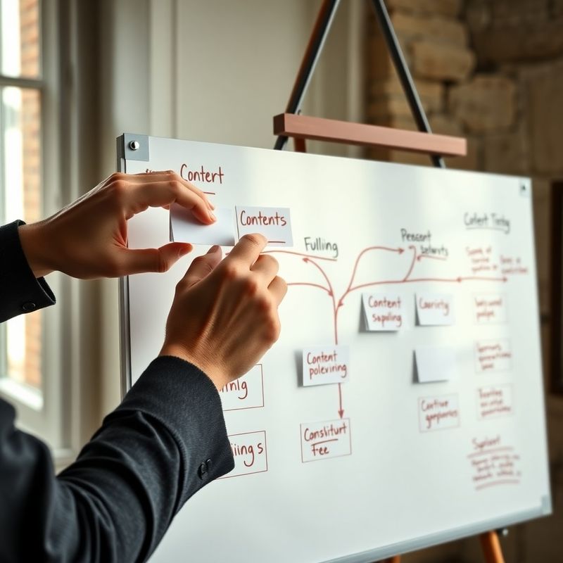 Strategist arranging content pipeline cards on a whiteboard with burgundy marker annotations