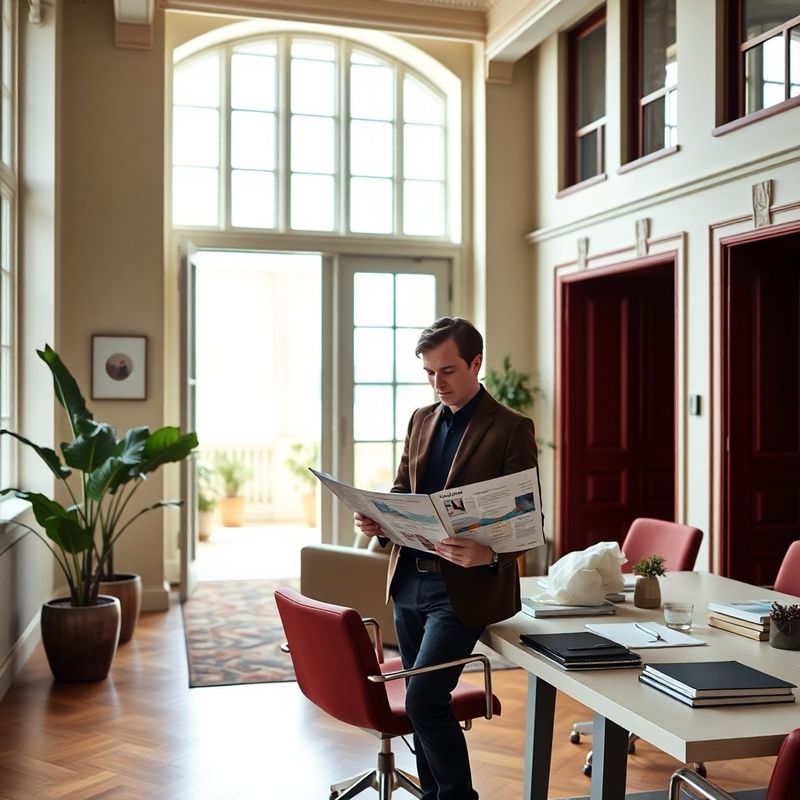 A strategist reviewing a printed content roadmap in a cream and burgundy Drogheda office