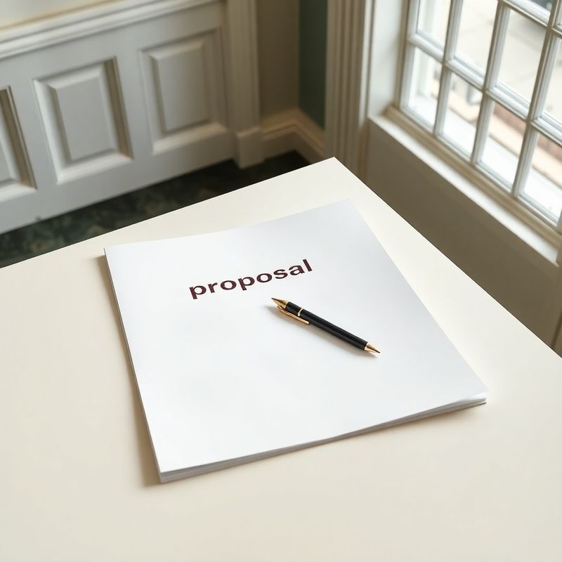 Minimalist photograph of an open proposal document on a cream desk with burgundy header typography
