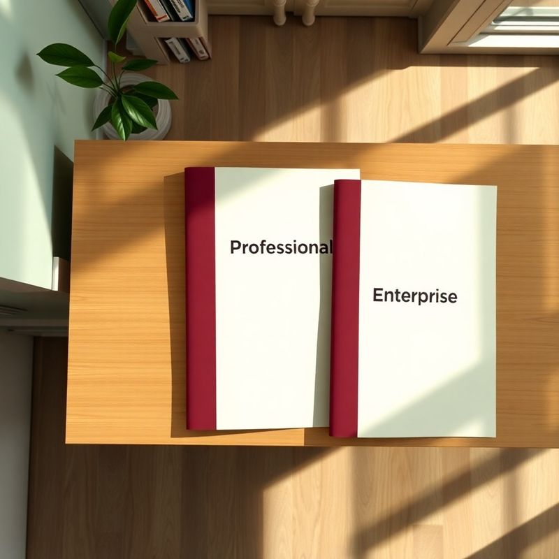 Three proposal folders labelled Start, Professional, and Enterprise arranged on a light oak desk